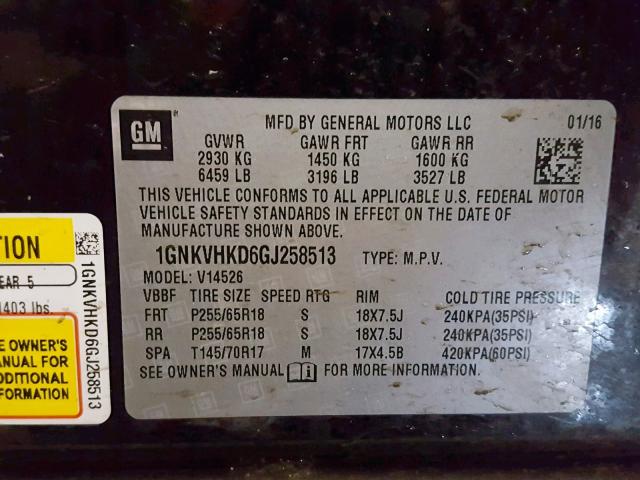 1GNKVHKD6GJ258513 - 2016 CHEVROLET TRAVERSE L BLACK photo 10