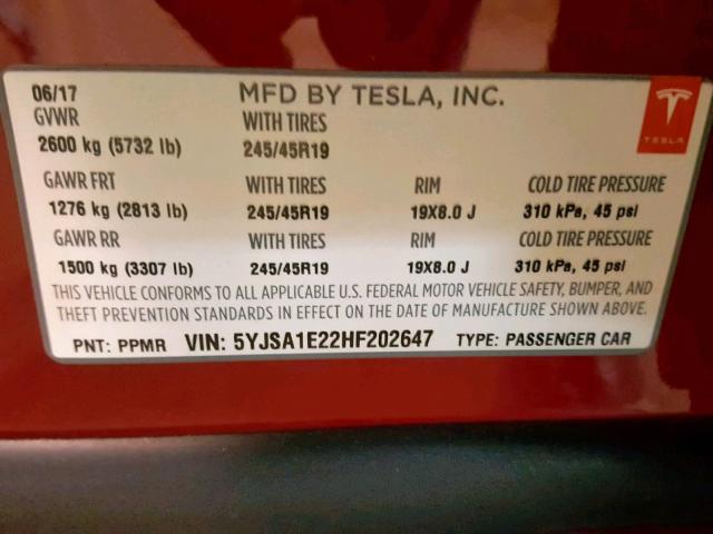 5YJSA1E22HF202647 - 2017 TESLA MODEL S RED photo 10