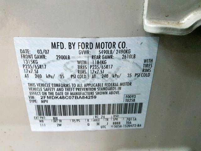 2FMDK48C07BA84259 - 2007 FORD EDGE SEL WHITE photo 10