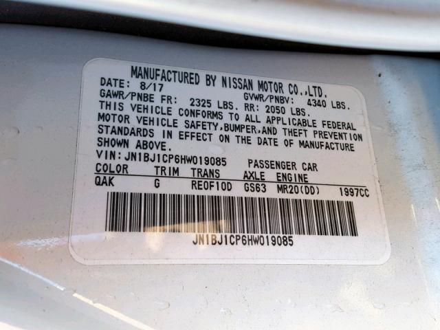 JN1BJ1CP6HW019085 - 2017 NISSAN ROGUE SPOR WHITE photo 10