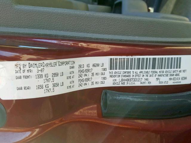 1J8HH48K87C631217 - 2007 JEEP COMMANDER 栗色 照片 10