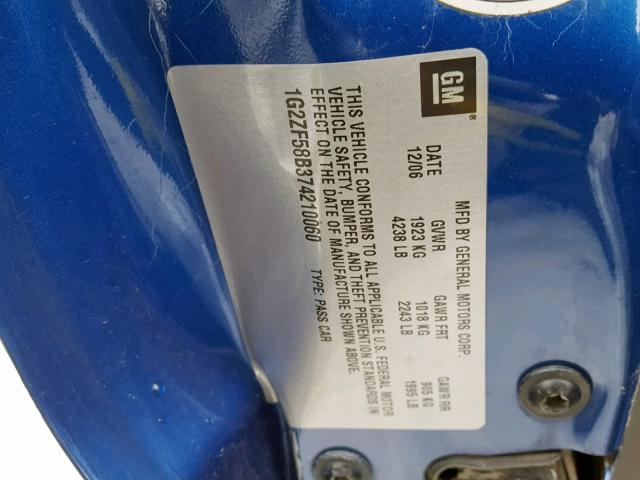 1G2ZF58B374210060 - 2007 PONTIAC G6 VALUE L BLUE photo 10