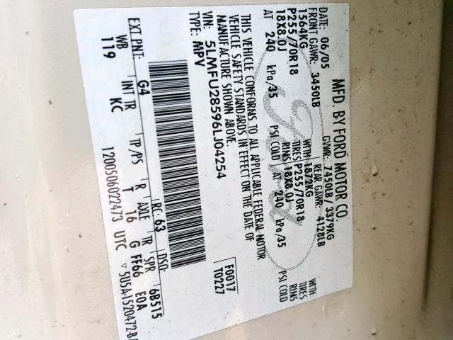 5LMFU28596LJ04254 - 2006 LINCOLN NAVIGATOR Бежевый фото 10