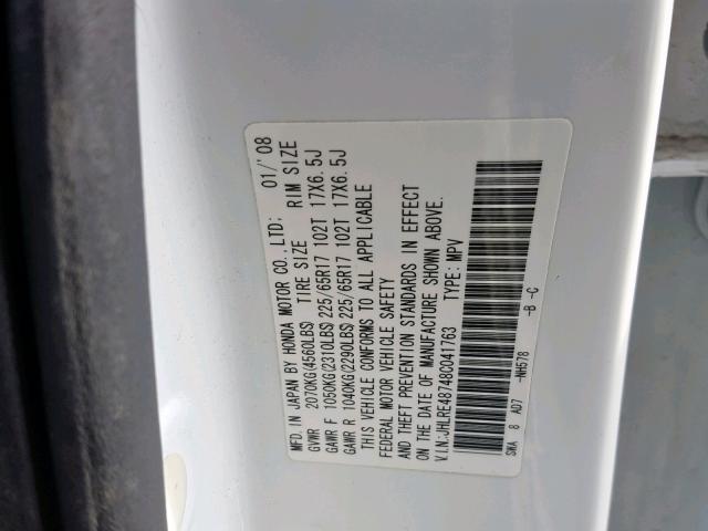 JHLRE48748C041763 - 2008 HONDA CR-V EXL WHITE photo 10