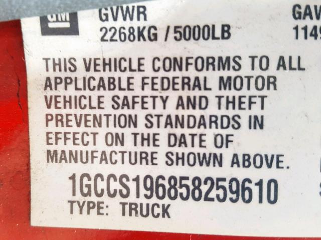 1GCCS196858259610 - 2005 CHEVROLET COLORADO RED photo 10