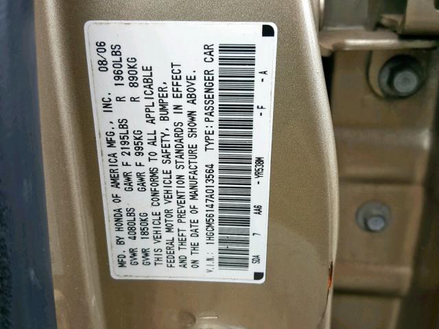 1HGCM56147A013564 - 2007 HONDA ACCORD VAL GOLD photo 10