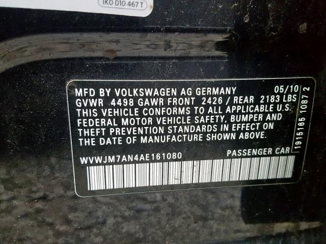 WVWJM7AN4AE161080 - 2010 VOLKSWAGEN PASSAT KOM BLACK photo 10