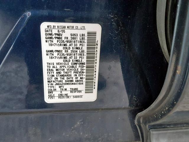 JN8AZ08WX5W441694 - 2005 NISSAN MURANO SL 蓝色 照片 10