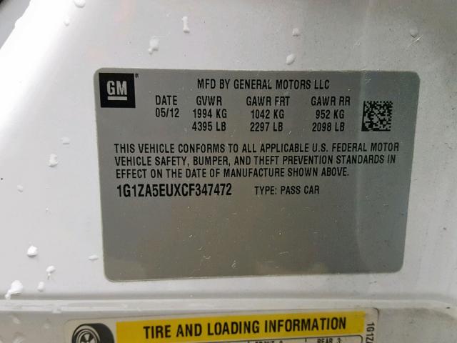 1G1ZA5EUXCF347472 - 2012 CHEVROLET MALIBU LS WHITE photo 10