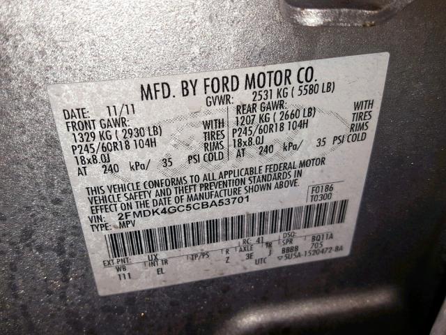 2FMDK4GC5CBA53701 - 2012 FORD EDGE SE SILVER photo 10