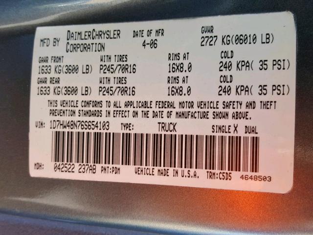 1D7HW48N76S654103 - 2006 DODGE DAKOTA QUA GRAY photo 10