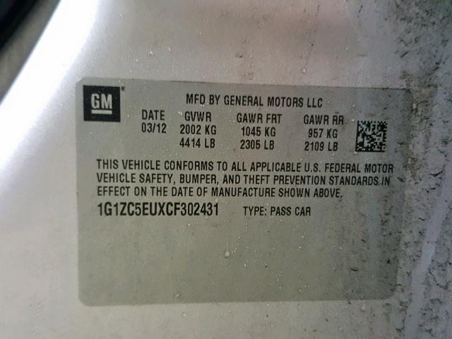 1G1ZC5EUXCF302431 - 2012 CHEVROLET MALIBU 1LT SILVER photo 10