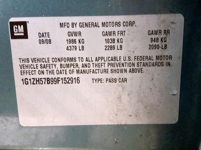 1G1ZH57B99F152916 - 2009 CHEVROLET MALIBU 1LT ტალღისფერი ფოტო 10