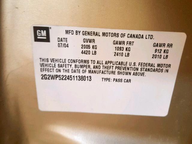 2G2WP522451138013 - 2005 PONTIAC GRAND PRIX GOLD photo 10