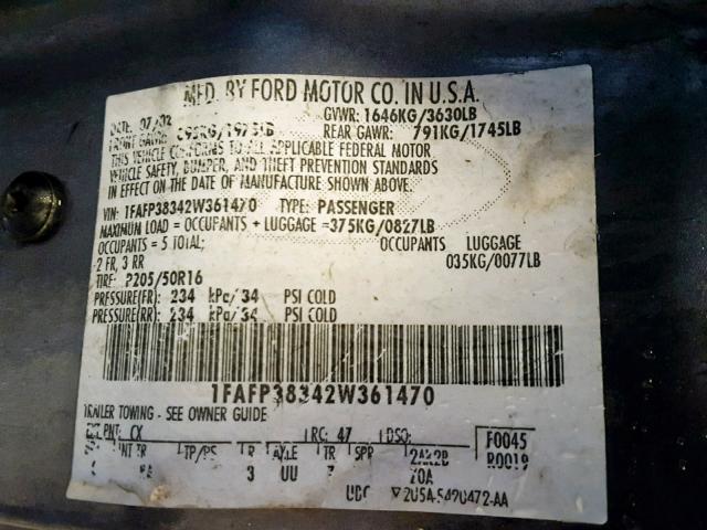 1FAFP38342W361470 - 2002 FORD FOCUS ZTS GRAY photo 10