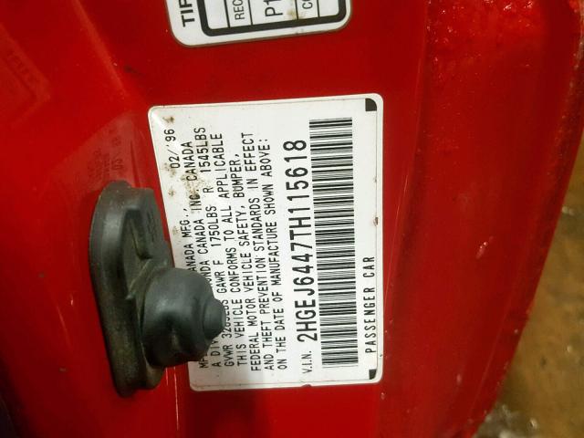 2HGEJ6447TH115618 - 1996 HONDA CIVIC DX RED photo 10