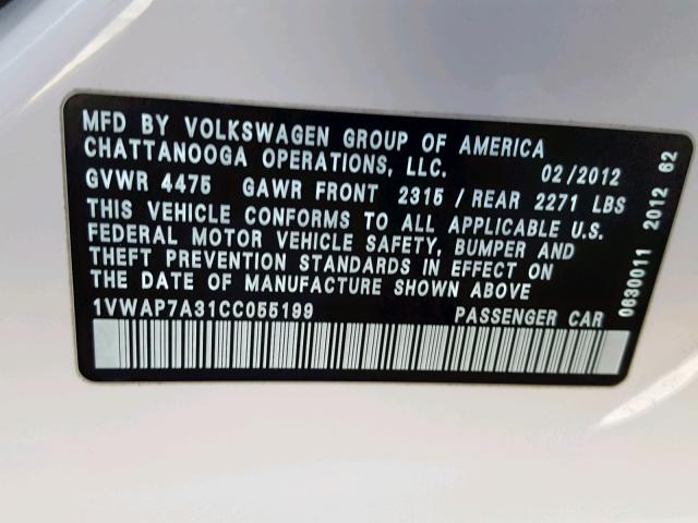 1VWAP7A31CC055199 - 2012 VOLKSWAGEN PASSAT S WHITE photo 10