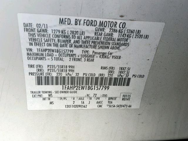 1FAHP2EW1BG157799 - 2011 FORD TAURUS SEL WHITE photo 10