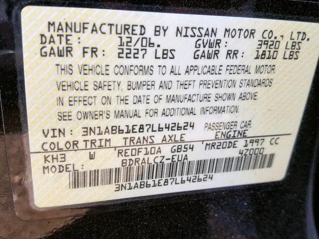 3N1AB61E87L642624 - 2007 NISSAN SENTRA 2.0 BLACK photo 10