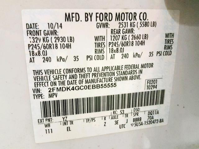 2FMDK4GC0EBB55555 - 2014 FORD EDGE SE WHITE photo 10