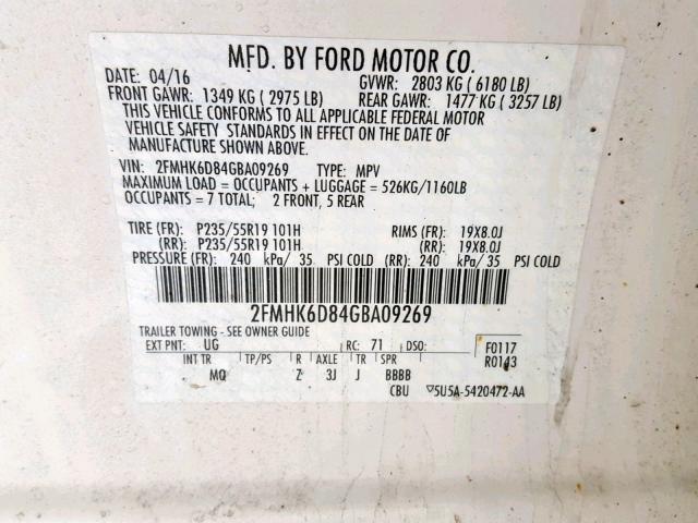 2FMHK6D84GBA09269 - 2016 FORD FLEX LIMIT WHITE photo 10