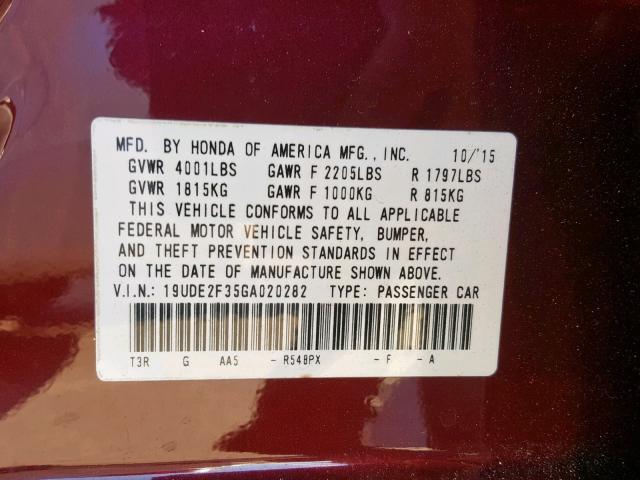 19UDE2F35GA020282 - 2016 ACURA ILX BASE BURGUNDY photo 10