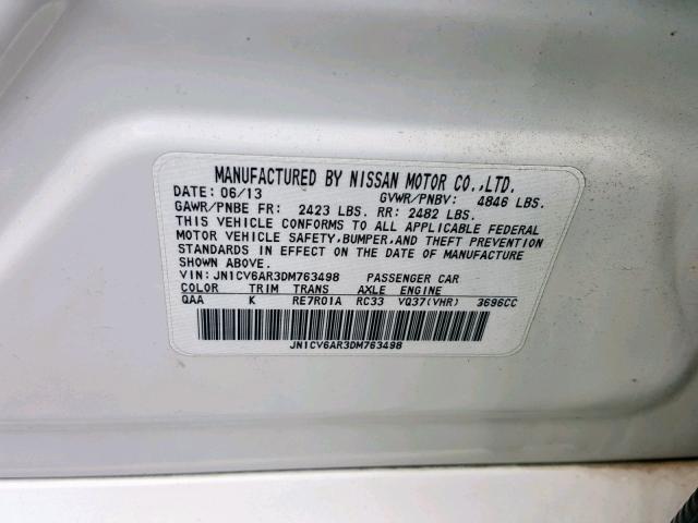 JN1CV6AR3DM763498 - 2013 INFINITI G37 WHITE photo 10