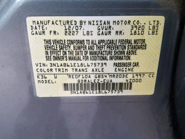 3N1AB61E18L675739 - 2008 NISSAN SENTRA 2.0 GRAY photo 10