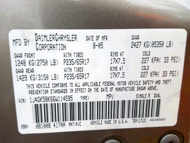 1J4GK58K66W114595 - 2006 JEEP LIBERTY LI GOLD photo 10