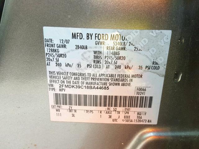 2FMDK39C18BA44685 - 2008 FORD EDGE LIMIT GRAY photo 10