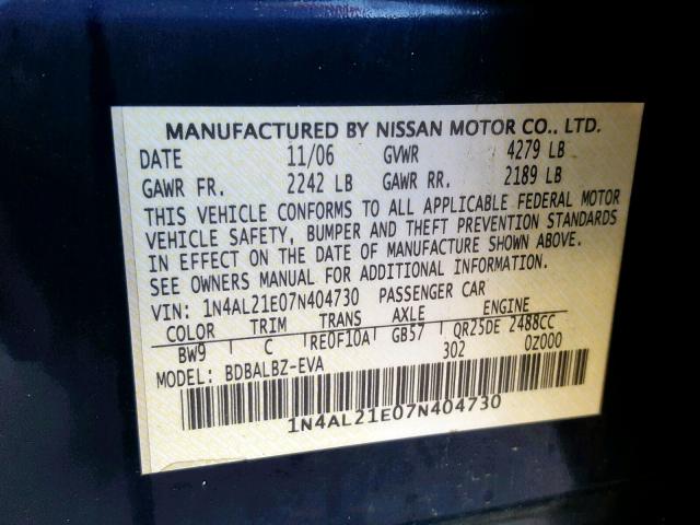 1N4AL21E07N404730 - 2007 NISSAN ALTIMA 2.5 BLUE photo 10