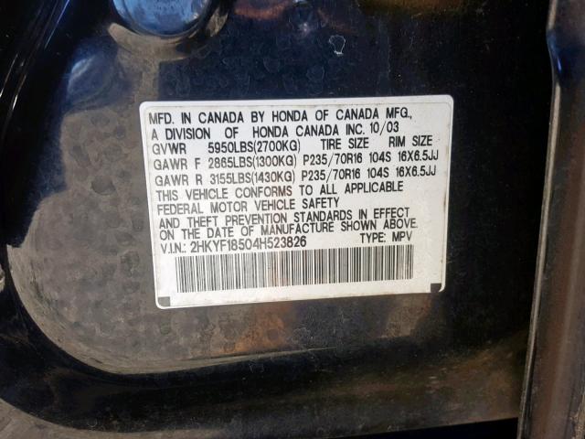 2HKYF18504H523826 - 2004 HONDA PILOT EXL GRAY photo 10