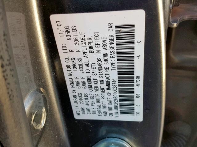 JHMCP26808C028746 - 2008 HONDA ACCORD EXL GRAY photo 10