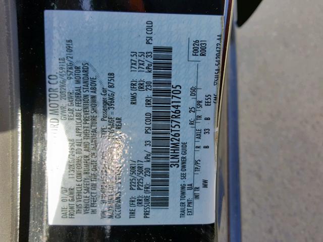 3LNHM26T57R641705 - 2007 LINCOLN MKZ BLACK photo 10