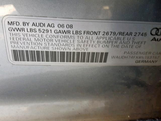 WAUDH74FX8N153157 - 2008 AUDI A6 3.2 QUA GRAY photo 10