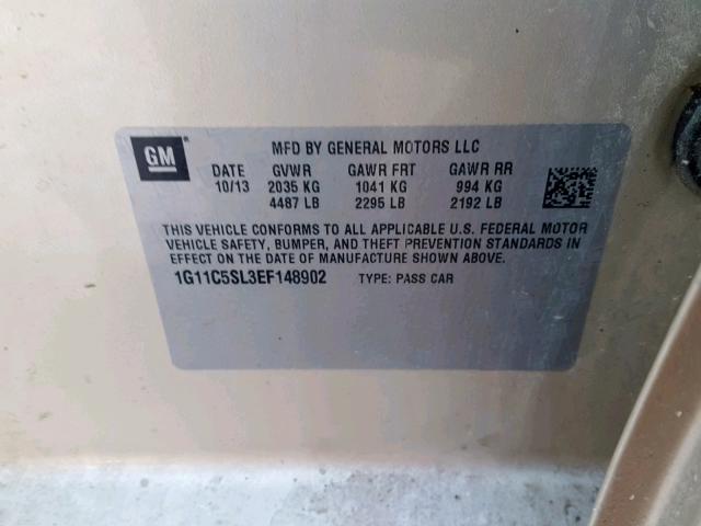 1G11C5SL3EF148902 - 2014 CHEVROLET MALIBU 1LT თაფლისფერი ფოტო 10