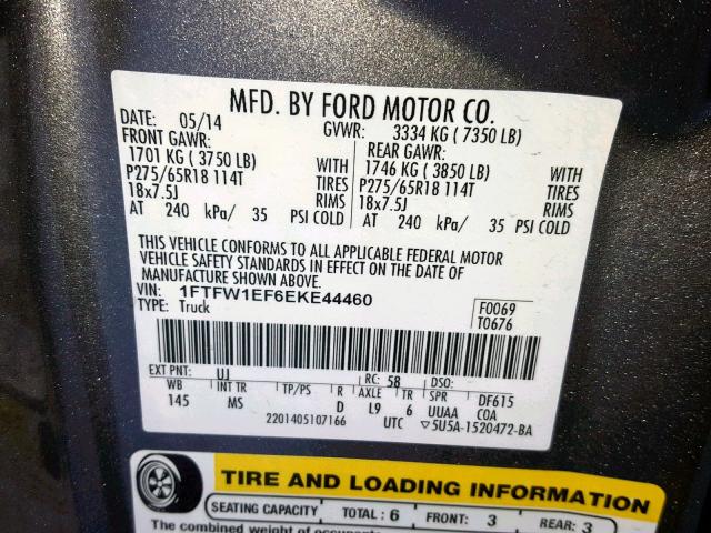 1FTFW1EF6EKE44460 - 2014 FORD F150 SUPER Մոխրագույն լուսանկար 10
