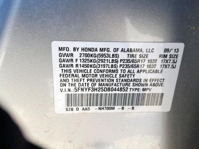 5FNYF3H25DB044852 - 2013 HONDA PILOT LX SILVER photo 10