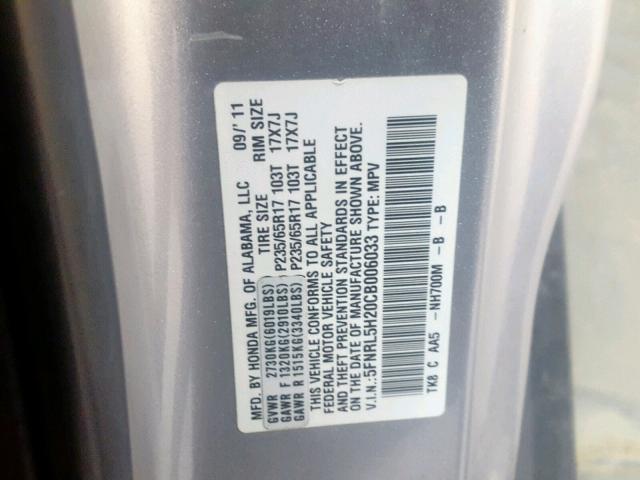 5FNRL5H20CB006033 - 2012 HONDA ODYSSEY LX SILVER photo 10