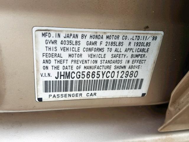 JHMCG5665YC012980 - 2000 HONDA ACCORD EX TAN photo 10