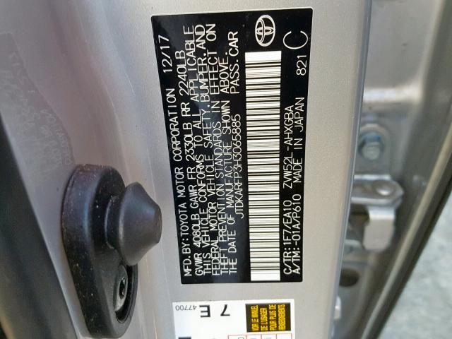 JTDKARFP3H3065885 - 2017 TOYOTA PRIUS PRIM SILVER photo 10