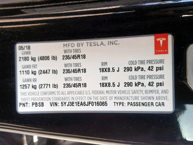 5YJ3E1EA6JF016065 - 2018 TESLA MODEL 3 BLACK photo 10