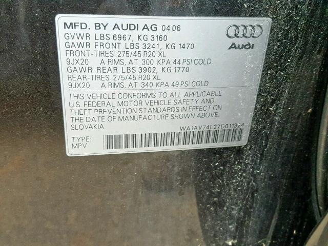 WA1AV74L27D011324 - 2007 AUDI Q7 4.2 QUA GRAY photo 10