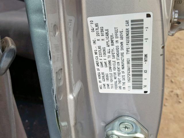 1HGCP2F43AA119821 - 2010 HONDA ACCORD LXP SILVER photo 10