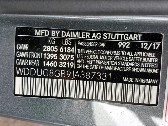 WDDUG8GB9JA387331 - 2018 MERCEDES-BENZ S 560 4MAT GRAY photo 10