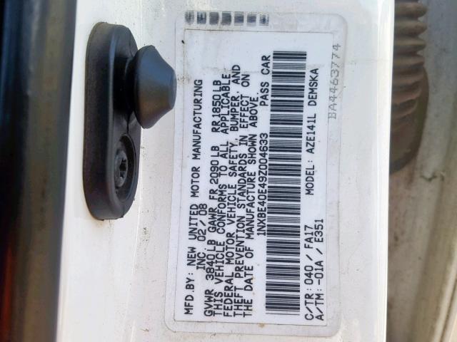 1NXBE40E49Z004633 - 2009 TOYOTA COROLLA XR WHITE photo 10