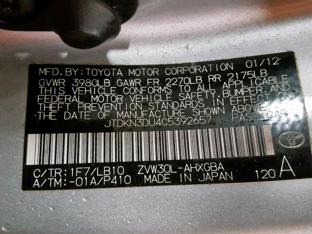 JTDKN3DU4C5392657 - 2012 TOYOTA PRIUS SILVER photo 10