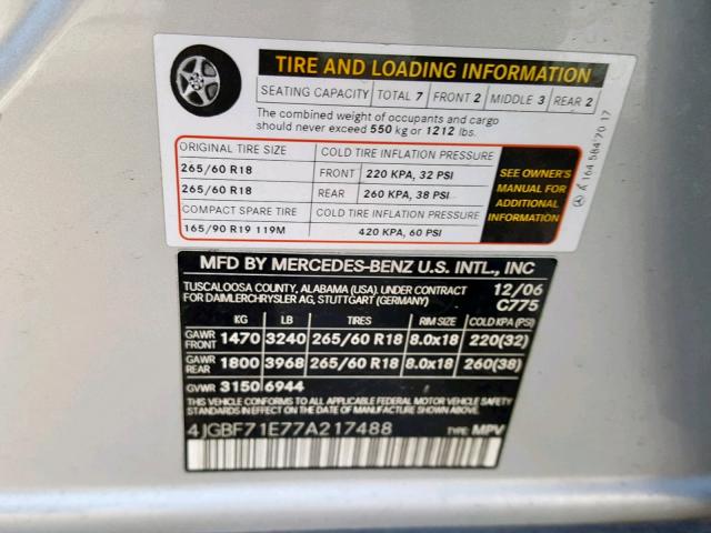 4JGBF71E77A217488 - 2007 MERCEDES-BENZ GL 450 4MA SILVER photo 10