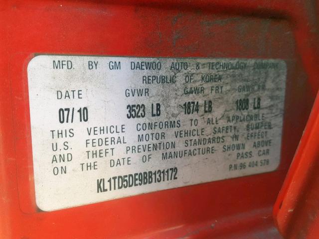 KL1TD5DE9BB131172 - 2011 CHEVROLET AVEO LS RED photo 10