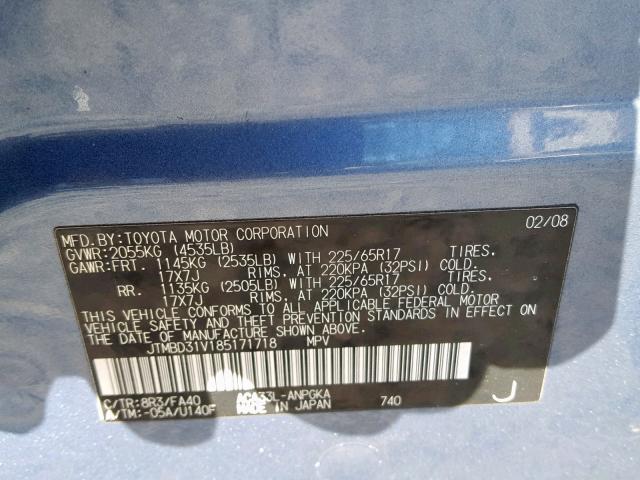 JTMBD31V185171718 - 2008 TOYOTA RAV4 LIMIT BLUE photo 10